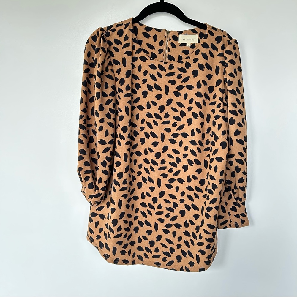 Melloday Tan Black Knit Retro Blouse 3/4 Full Sleeve Back Zip